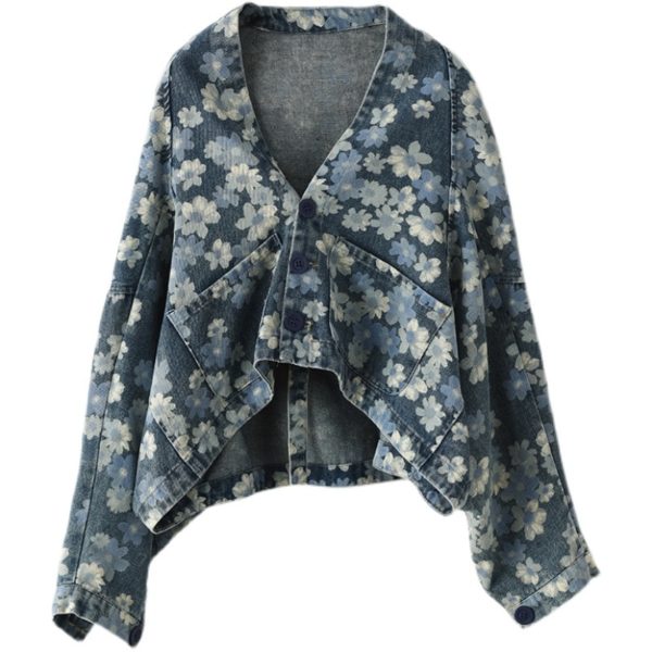 Streetwear Women Flowers Printed Denim Jackets Ladies Batwing Sleeve Short Coats Girls Vintage Clothing