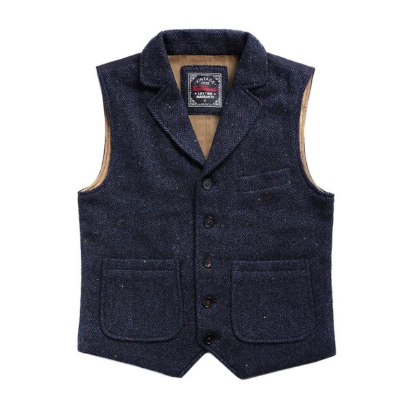 Classic Wool Tweed Waistcoat Retro Men's Herringbone Lapel Vest Blue - Image 2