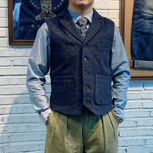 Wool Tweed Waistcoat Retro Men's Herringbone Lapel Vest
