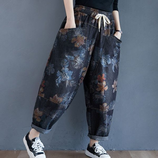 Women Casual Denim Harem Pants  Autumn Streetwear Vintage Print Elastic Waist Loose Casual Boyfriend Jeans S2550 - Image 2