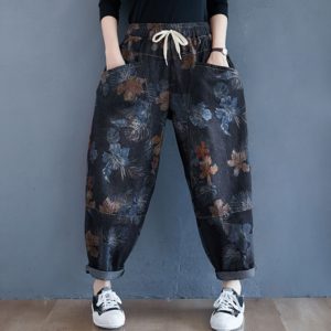 Women Casual Denim Harem Pants  Autumn Streetwear Vintage Print Elastic Waist Loose Casual Boyfriend Jeans S2550