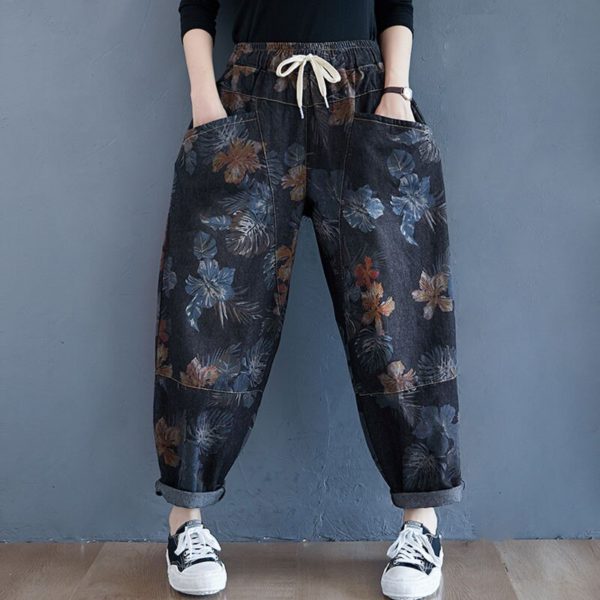 Women Casual Denim Harem Pants  Autumn Streetwear Vintage Print Elastic Waist Loose Casual Boyfriend Jeans S2550