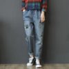 Women Spring Summer Fashion Korea Style Elastic Waist Vintage Embroidery Calf Length Harem Pants Office Lady Casual Loose Jeans - Image 2
