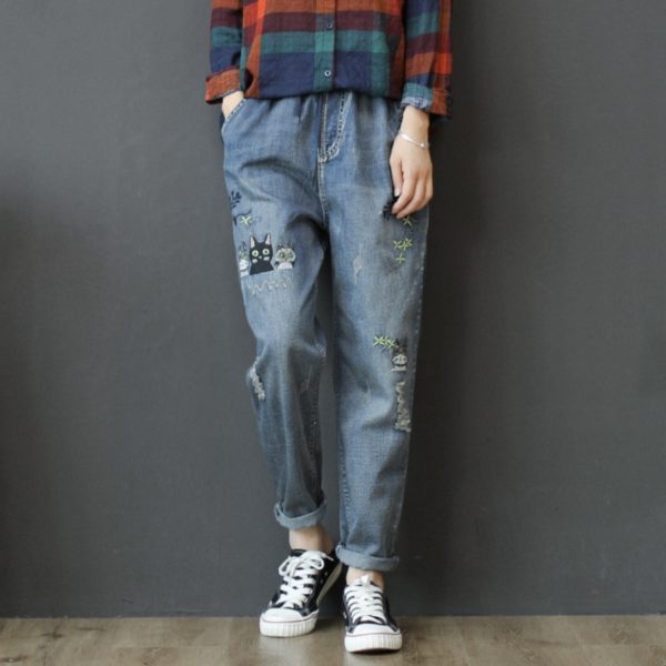 Women Spring Summer Fashion Korea Style Elastic Waist Vintage Embroidery Calf Length Harem Pants Office Lady Casual Loose Jeans - Image 2
