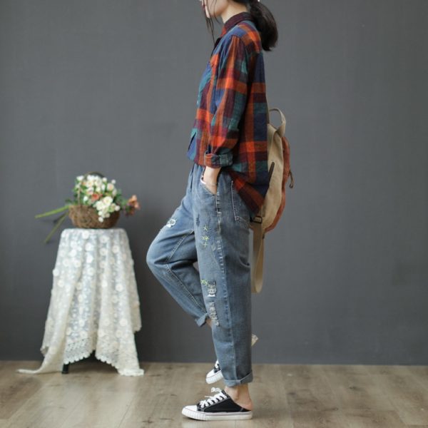 Women Spring Summer Fashion Korea Style Elastic Waist Vintage Embroidery Calf Length Harem Pants Office Lady Casual Loose Jeans - Image 3