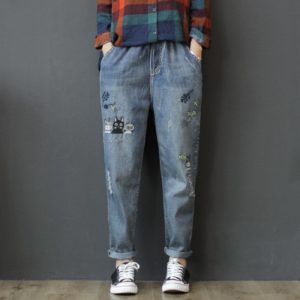 Women Spring Summer Fashion Korea Style Elastic Waist Vintage Embroidery Calf Length Harem Pants Office Lady Casual Loose Jeans