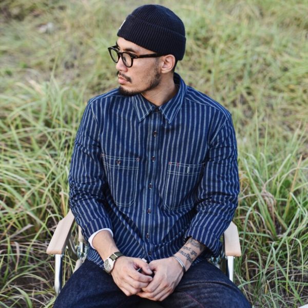 Striped Selvedge Denim Shirt Men Long Sleeve Blouse - Image 2