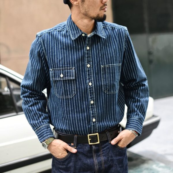 SauceZhan Jeans Indigo Wabash Stripe Work Shirt Selvedge jeans Shirt heart Denim Shirt shirt men long 1