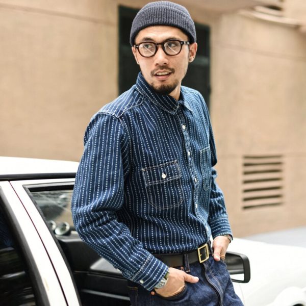 SauceZhan Jeans Indigo Wabash Stripe Work Shirt Selvedge jeans Shirt heart Denim Shirt shirt men long 2