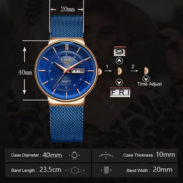 Women Watches Luxury Brand Ultra-thin Calendar Week Quartz Watch Ladies Clocks Mesh Stainless Steel Waterproof Reloj Mujer - Image 3
