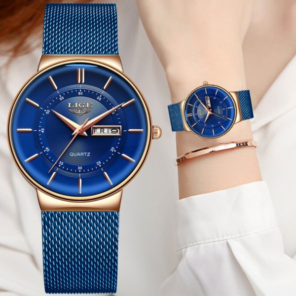 Women Watches Luxury Brand Ultra-thin Calendar Week Quartz Watch Ladies Clocks Mesh Stainless Steel Waterproof Reloj Mujer - Image 2