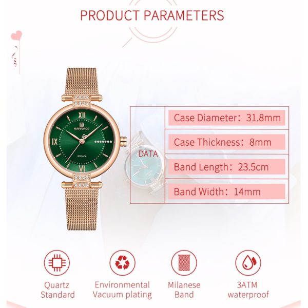NAVIFORCE Luxury Brand Diamond Watches For Women Fashion Roman Scale Green Lady Quartz Wristwatch Waterproof Steel 2