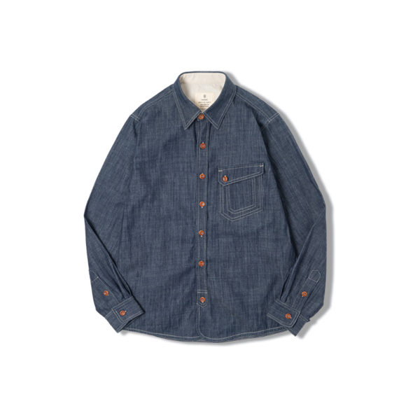 Indigo Washed Solid Work Selvedge Denim Shirt Long Sleeve Jacket Vintage Tops Clothing - Image 2