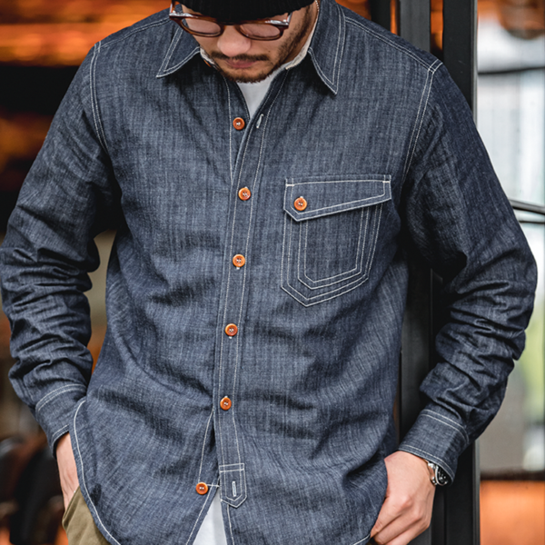 Indigo Washed Solid Work Selvedge Denim Shirt Long Sleeve Jacket Vintage Tops Clothing - Image 4