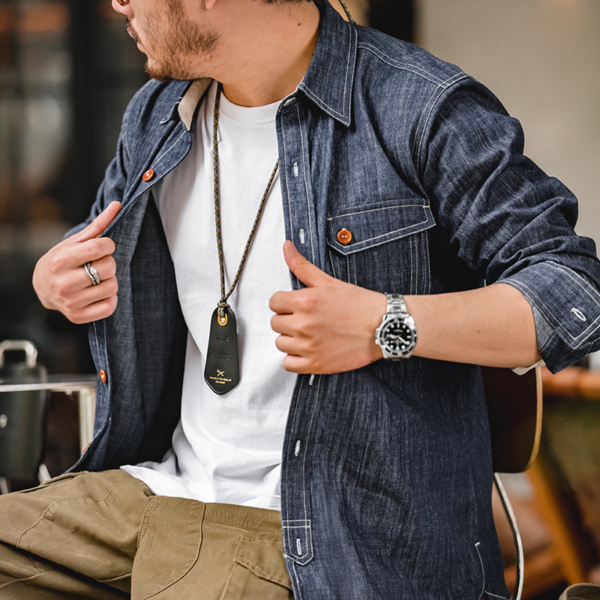 Indigo Washed Solid Work Selvedge Denim Shirt Long Sleeve Jacket Vintage Tops Clothing - Image 5
