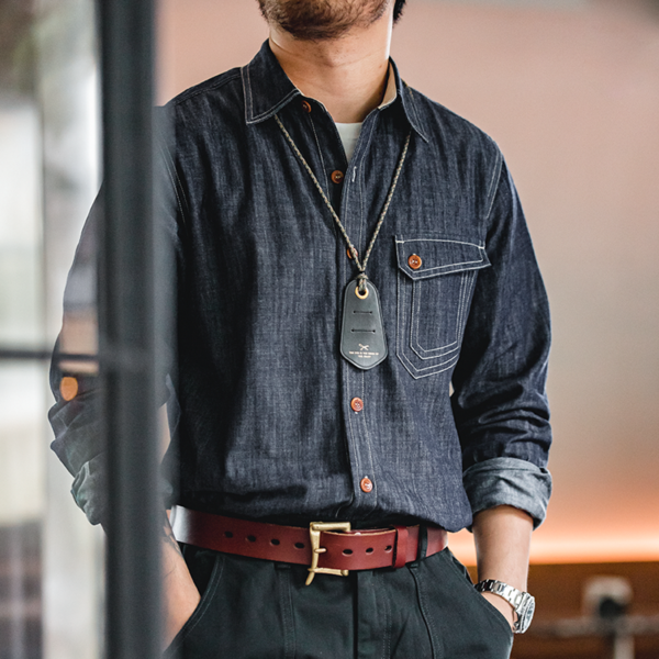 Indigo Washed Solid Work Selvedge Denim Shirt Long Sleeve Jacket Vintage Tops Clothing - Image 3