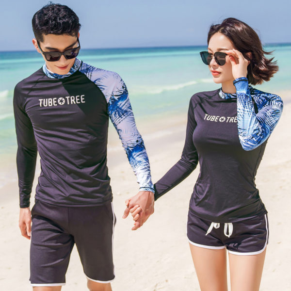 Rash Guards Men Women 2 Pieces Long Sleeve Shirt Shorts Black Couples Swimwear Surfing Bathing Suits 1