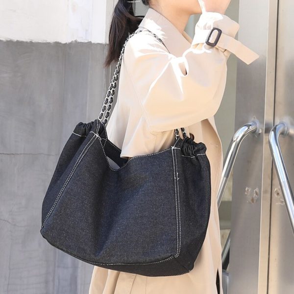 Leisure Literary Canvas Bag Ins Western Denim Chain Bag Retro Blue Black Jean Shoulder Bag Women EW0040-1 - Image 4