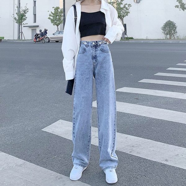 Autumn Winter Wide Leg Jeans Light Blue Gray Straight Leg Jeans Pants Women High Waisted Jeans 2