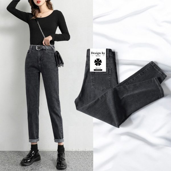 Black Gray Denim Harem Jeans Women s High Waist Elastic Denim Pants Loose Fit Autumn Winter 1