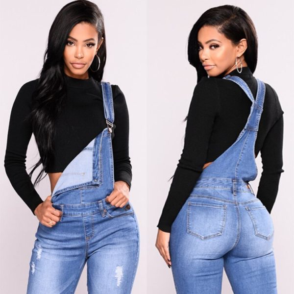 European American Denim Leggings With Hole Plus Size Long Jeans For women New Denim Overall Pants Ladies Denim Suspender Pants - Image 2