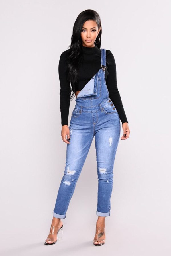 European American Denim Leggings With Hole Plus Size Long Jeans For women New Denim Overall Pants Ladies Denim Suspender Pants - Image 4