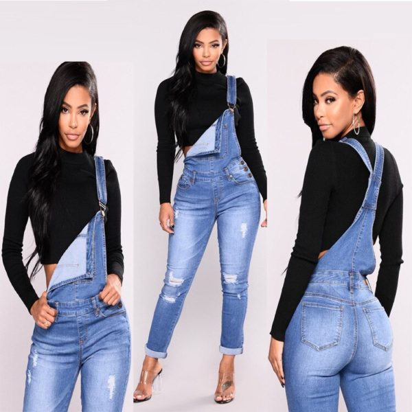 European American Denim Suspender Pants With Hole Plus Size Long Jeans For women New Denim Leggings