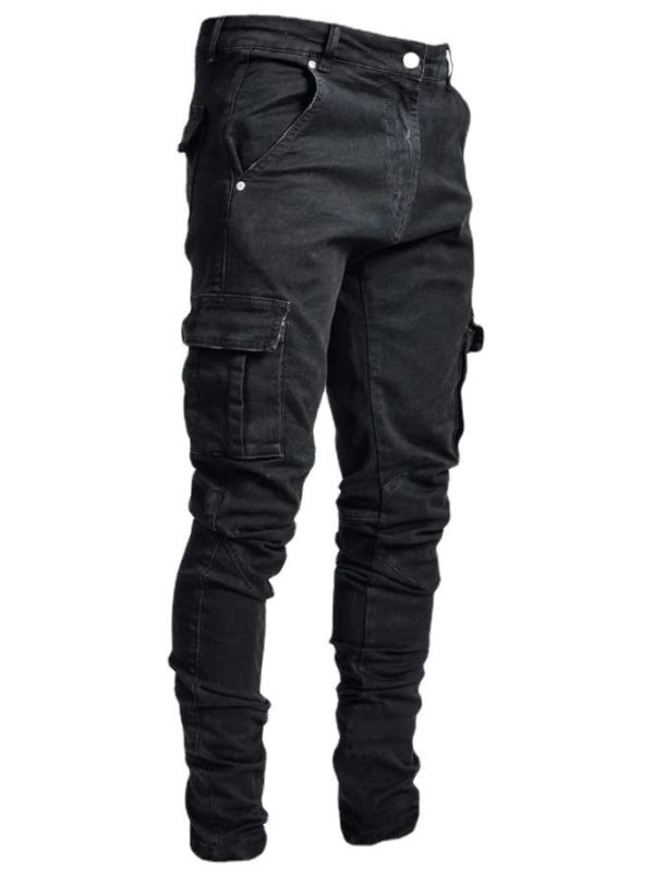 Mens Western Jeans Pants New Spring Summer Side With Bag Denim Trousers Black Blue Slim Fit 1