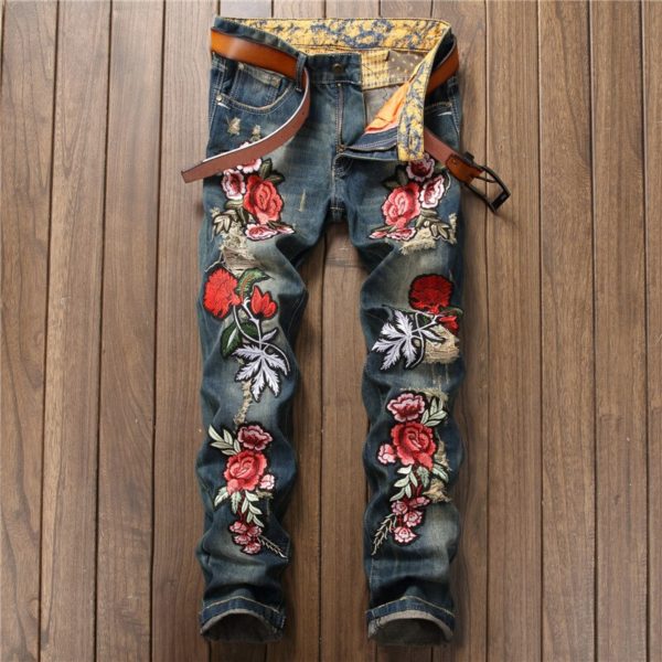 Ripped Print Floral Jeans Pants Men s Straight Denim Trousers Fashion Brand Badge Vintage Cowboy Long 1