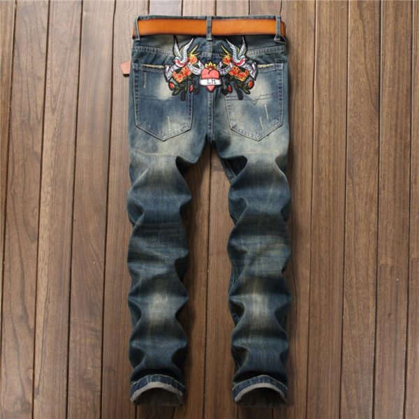 Ripped Print Floral Jeans Pants Men's Straight Denim Trousers Fashion Brand Badge Vintage Cowboy Long Pant Male Clothing - Image 3