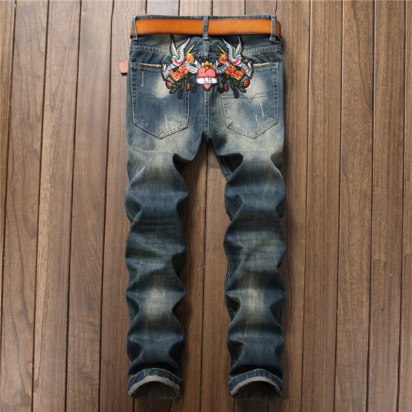 Ripped Print Floral Jeans Pants Men s Straight Denim Trousers Fashion Brand Badge Vintage Cowboy Long 2