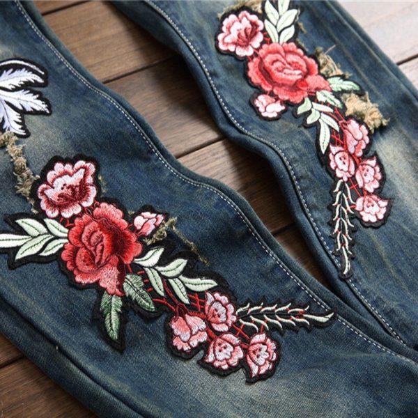 Ripped Print Floral Jeans Pants Men s Straight Denim Trousers Fashion Brand Badge Vintage Cowboy Long 3