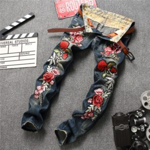 Ripped Print Floral Jeans Pants Men's Straight Denim Trousers