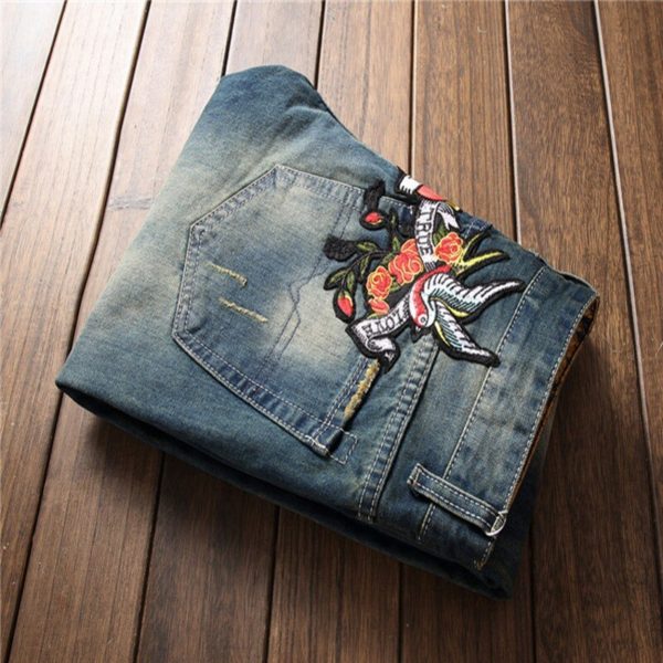 Ripped Print Floral Jeans Pants Men s Straight Denim Trousers Fashion Brand Badge Vintage Cowboy Long 4