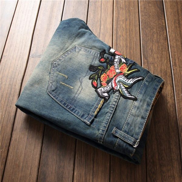 Ripped Print Floral Jeans Pants Men's Straight Denim Trousers Fashion Brand Badge Vintage Cowboy Long Pant Male Clothing - Image 5