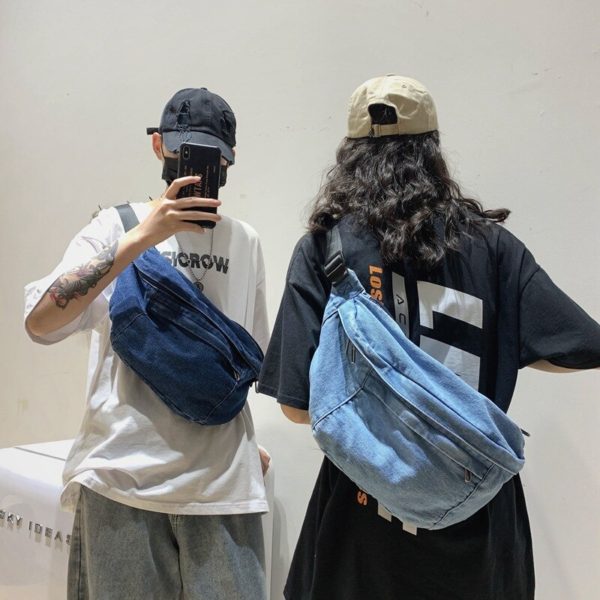 New Design Couple Denim Crossbody Bag Large Capacity Blue Jean Shoulder Bag Mens And Womens Ins Fashion Denim Waist Bag - Image 2