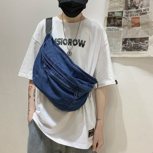 New Design Couple Denim Crossbody Bag Large Capacity Blue Jean Shoulder Bag Mens And Womens Ins Fashion Denim Waist Bag - Image 3