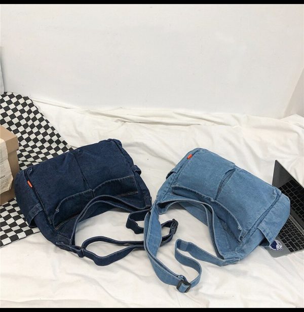 Casual Couple Denim Jeans Shoulder Bag Ins Fashion Jean Bag Large Denim Crossbody Bag Men And Womens Blue Backpack - Image 3