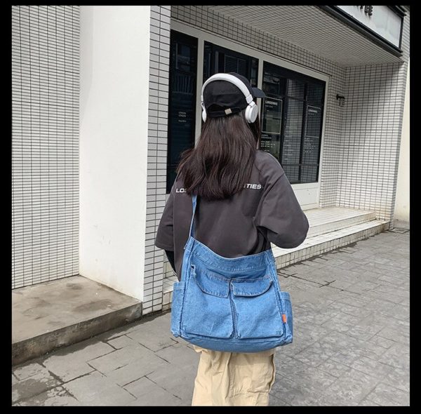 Casual Couple Denim Jeans Shoulder Bag Ins Fashion Jean Bag Large Denim Crossbody Bag Men And Womens Blue Backpack - Image 4