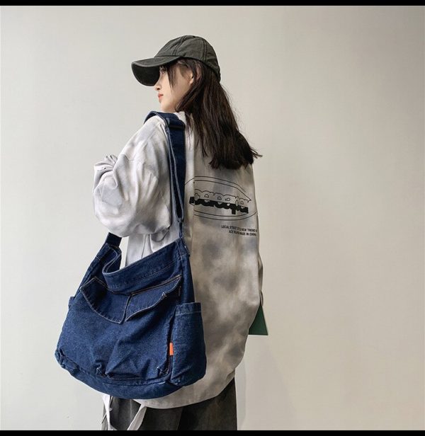 Casual Couple Denim Jeans Shoulder Bag Ins Fashion Jean Bag Large Denim Crossbody Bag Men And Womens Blue Backpack - Image 5
