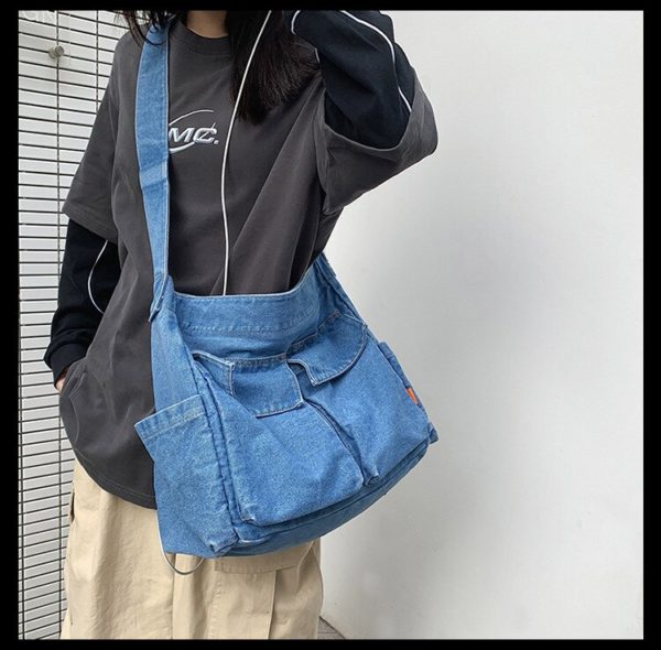Casual Couple Denim Jeans Shoulder Bag Ins Fashion Jean Bag Large Denim Crossbody Bag Men And Womens Blue Backpack - Image 6
