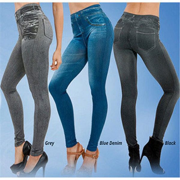 Denim Legging Women Fake Pocket Stretch Leggings Slim Trousers Corset Elastic Jeans Leggings Seamless Yoga Pants 1