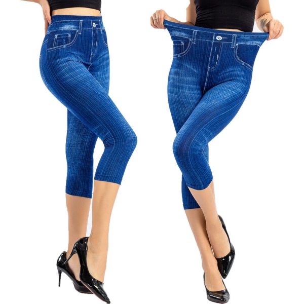 Denim Short Leggings For Women Stretch Imitation Jeans Leggings Black Cotton Leggings Hip Lifting Printed Yoga Pants For Ladies - Image 2