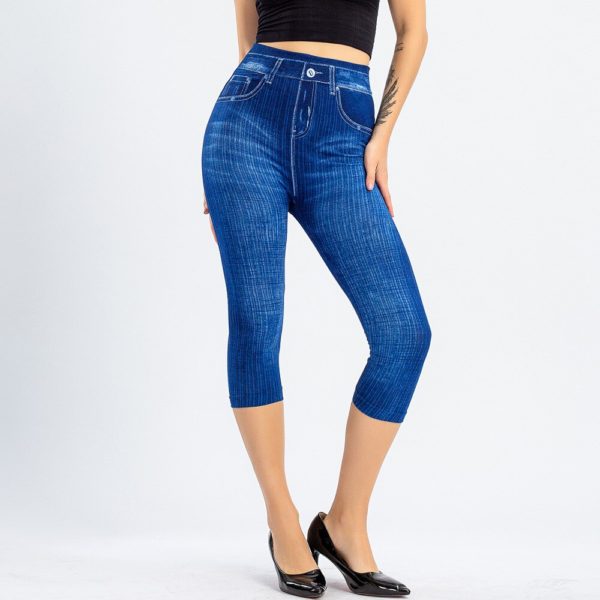 Denim Short Leggings For Women Stretch Imitation Jeans Leggings Black Cotton Leggings Hip Lifting Printed Yoga Pants For Ladies - Image 3