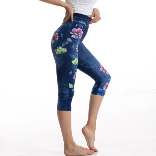 Fake Denim Printed Floral Leggings Women Short Yoga Pants Sexy Exercise Leggings Ladies Slim Fit Hip 2