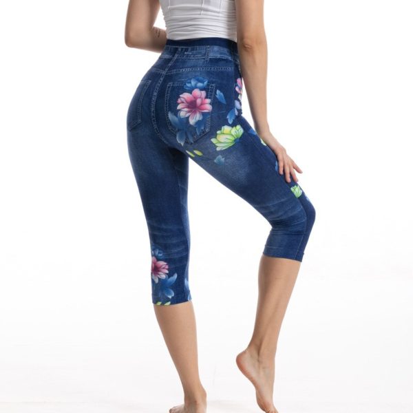 Fake Denim Printed Floral Leggings Women Short Yoga Pants Sexy Exercise Leggings Ladies Slim Fit Hip 3