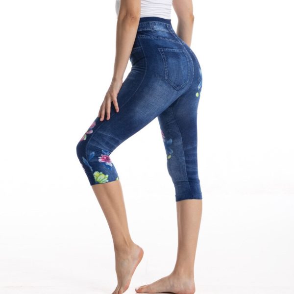Fake Denim Printed Floral Leggings Women Short Yoga Pants Sexy Exercise Leggings Ladies Slim Fit Hip 4