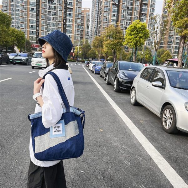 Large Denim Tote Bag For Women Personality Style Jean Shoulder Bag Split Joint Denim Bag Daily 1