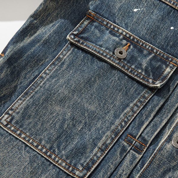 Men Fashion Heavy15 oz Selvedge Denim Jacket Collarless Nostalgic Loose Jean Coat Old Ink Splash Denim Jacket EW220825 - Image 2