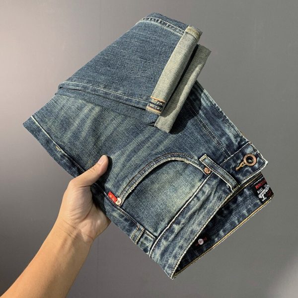 Men Trendy Letters Selvage Denim Pants Autumn Winter Straight Leg Selvedge Jeans Retro Mens Light Wash Selvedge Denim Trousers - Image 2